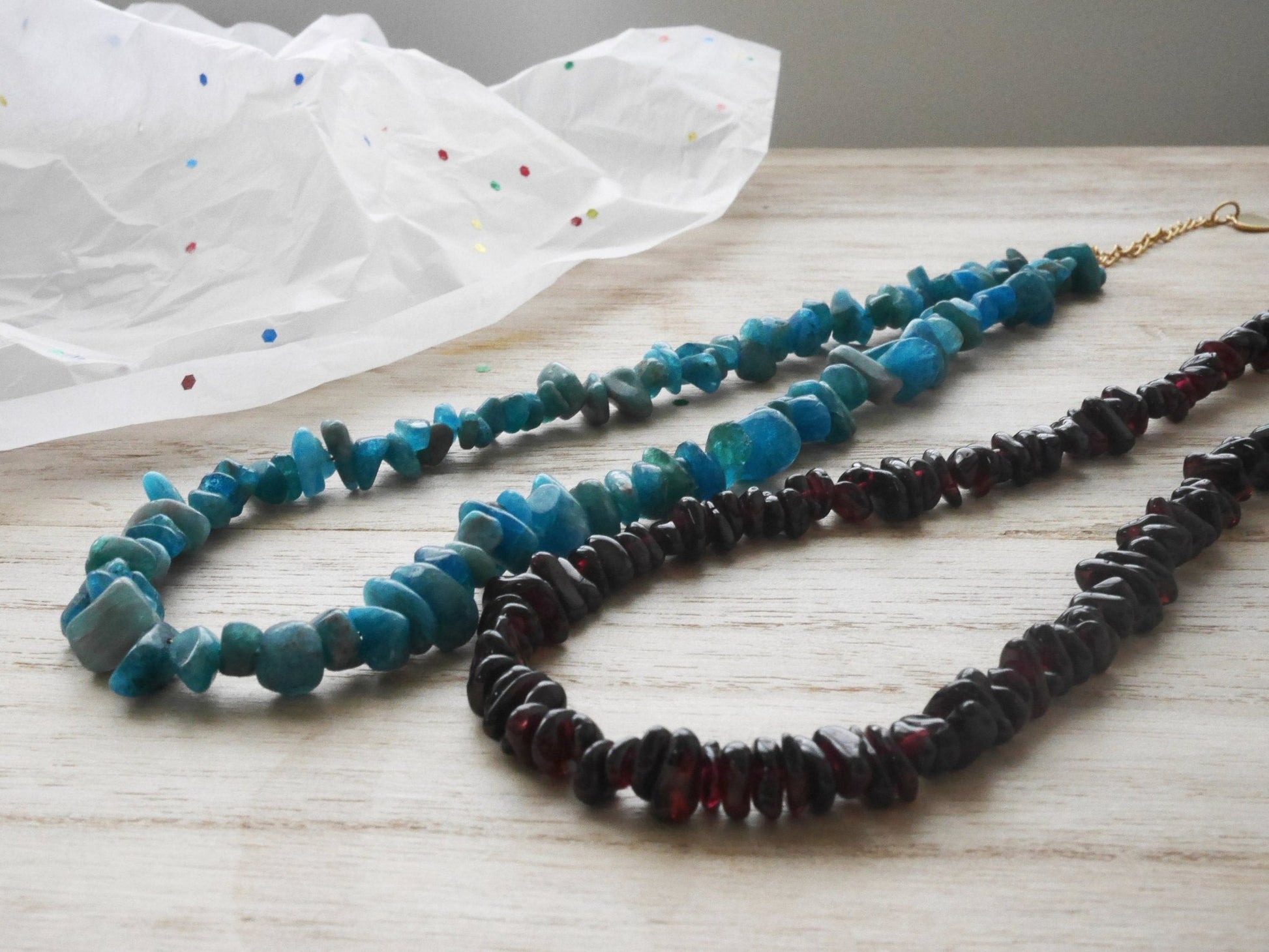 Blue APATITE Crystal Necklace - Chip Beads - Long Crystal Necklace, Beaded Necklace, - Elm Studio